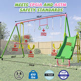 MERSCO 6 in 1 Backyard Swing Set for Kids with Basketball Hoop, Seesaw, Slide & 3 Adjustable Swings - 630lbs Cap - Pink & Green