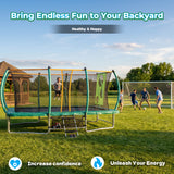 MERSCO 10x16FT Rectangular Trampoline with Safety Enclosure Net, Soccer Target Cloth & 16x7FT Soccer Goal Post Set, Premium Backyard Gymnastics & Football Combo Training Center