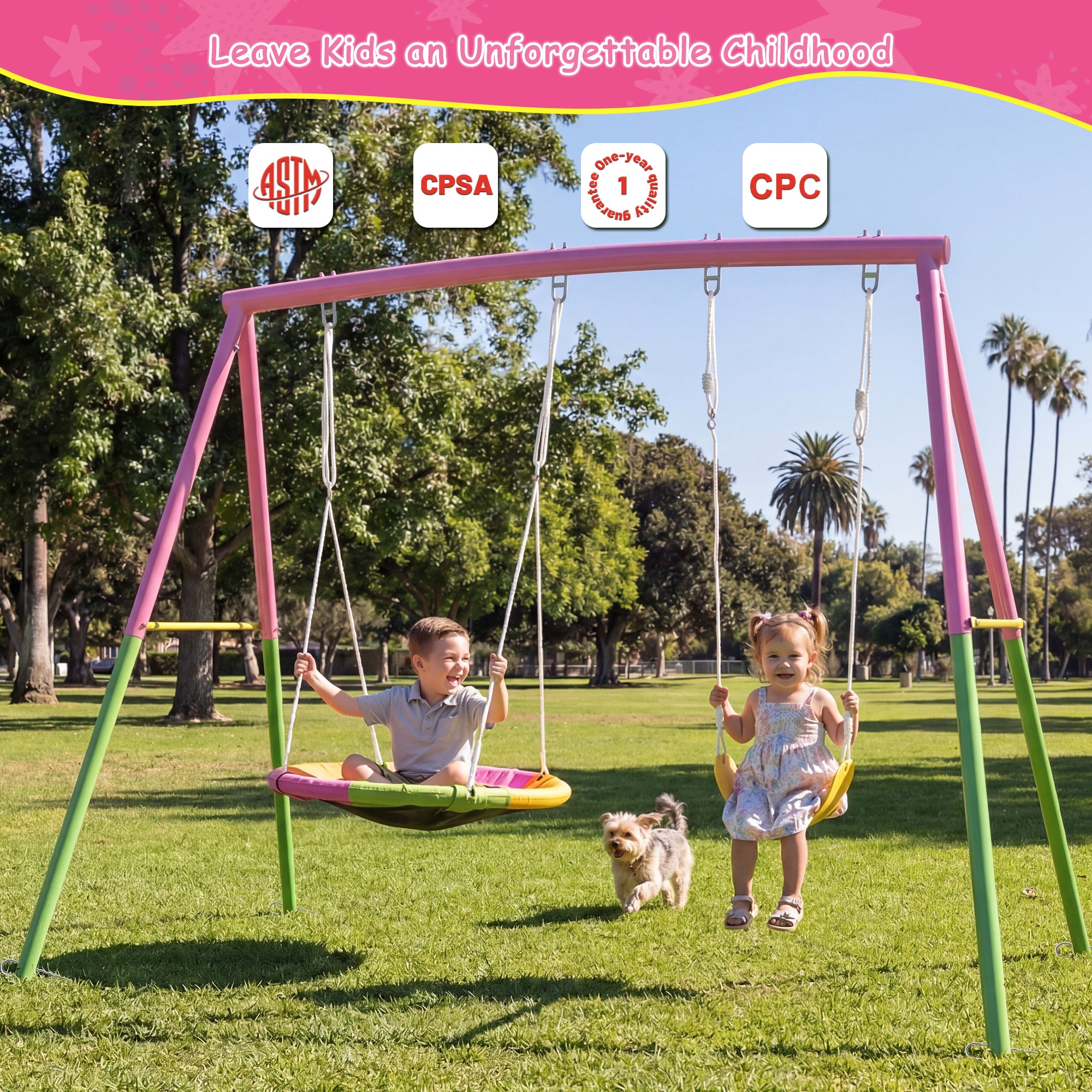 2-in-1 Double Swing Set | Pink Saucer & Belt Seat | MERSCO – MS