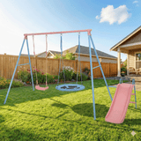 Mersco Baby Swing Set with Slide, 3-in-1 Outdoor Playset for Backyard with Flying Saucer & Classic Swing, Sturdy Metal Frame Playground Swing Set Toy for Kids,Pink
