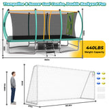 MERSCO 10x16FT Rectangular Trampoline with Safety Enclosure Net, Soccer Target Cloth & 16x7FT Soccer Goal Post Set, Premium Backyard Gymnastics & Football Combo Training Center