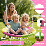 440lbs 40" Saucer Swing with Frame for Kids Outdoor, Heavy Duty Metal Swing Set with Adjustable Ropes & Ground Anchors, A-Frame Backyard Playset for Playground, Toddlers Ages 3+, Pink