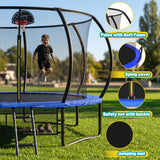 MERSCO 14FT Pumpkin Trampoline with Safety Enclosure Net, Basketball Hoop & 16x7FT Soccer Goal Post Set, All-Weather Backyard Sports Combo Training Center for Kids & Adults