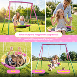 440lbs 40" Saucer Swing with Frame for Kids Outdoor, Heavy Duty Metal Swing Set with Adjustable Ropes & Ground Anchors, A-Frame Backyard Playset for Playground, Toddlers Ages 3+, Pink