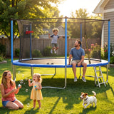 MERSCO 14FT Blue Trampoline with Soft Backboard Basketball Hoop & Ladder