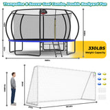 MERSCO 14FT Pumpkin Trampoline with Safety Enclosure Net, Basketball Hoop & 16x7FT Soccer Goal Post Set, All-Weather Backyard Sports Combo Training Center for Kids & Adults
