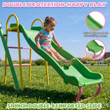 MERSCO 6 in 1 Backyard Swing Set for Kids with Basketball Hoop, Seesaw, Slide & 3 Adjustable Swings - 630lbs Cap - Pink & Green