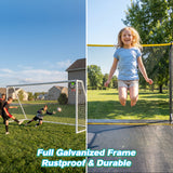 MERSCO 12x18FT Rectangular Trampoline with Patent No-Gap Enclosure Net & 16x7FT Soccer Goal Post Set, Heavy-Duty Backyard Sports Arena Training Combo for Kids, Teens & Adults