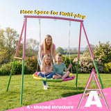 440lbs 40" Saucer Swing with Frame for Kids Outdoor, Heavy Duty Metal Swing Set with Adjustable Ropes & Ground Anchors, A-Frame Backyard Playset for Playground, Toddlers Ages 3+, Pink