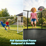 MERSCO 16FT Pumpkin Trampoline with Safety Enclosure Net, Basketball Hoop & 16x7FT Soccer Goal Post Set, All-Weather Backyard Sports Combo Training Center for Kids & Adults