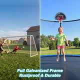 MERSCO 14FT Pumpkin Trampoline with Safety Enclosure Net, Basketball Hoop & 16x7FT Soccer Goal Post Set, All-Weather Backyard Sports Combo Training Center for Kids & Adults