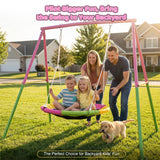 440lbs 40" Saucer Swing with Frame for Kids Outdoor, Heavy Duty Metal Swing Set with Adjustable Ropes & Ground Anchors, A-Frame Backyard Playset for Playground, Toddlers Ages 3+, Pink