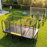 MERSCO 12x18FT Rectangular Trampoline with Patent No-Gap Enclosure Net & 16x7FT Soccer Goal Post Set, Heavy-Duty Backyard Sports Arena Training Combo for Kids, Teens & Adults