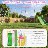MERSCO 6 in 1 Backyard Swing Set for Kids with Basketball Hoop, Seesaw, Slide & 3 Adjustable Swings - 630lbs Cap - Pink & Green