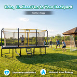 MERSCO 12x18FT Rectangular Trampoline with Patent No-Gap Enclosure Net & 16x7FT Soccer Goal Post Set, Heavy-Duty Backyard Sports Arena Training Combo for Kids, Teens & Adults