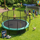 MERSCO 16FT Pumpkin Trampoline with Safety Enclosure Net, Basketball Hoop & 16x7FT Soccer Goal Post Set, All-Weather Backyard Sports Combo Training Center for Kids & Adults