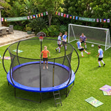MERSCO 14FT Pumpkin Trampoline with Safety Enclosure Net, Basketball Hoop & 16x7FT Soccer Goal Post Set, All-Weather Backyard Sports Combo Training Center for Kids & Adults