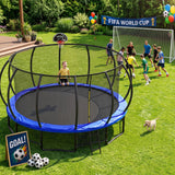 MERSCO 16FT Pumpkin Trampoline with Safety Enclosure Net, Basketball Hoop & 16x7FT Soccer Goal Post Set, All-Weather Backyard Sports Combo Training Center for Kids & Adults
