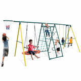 Mersco Metal Swing Sets for Backyard for Kids 3-12, 6 in 1 Swing Sets, Heavy-Duty Playground Backyard Set with 2 Swings, Glider, Climbing Ladder and Rope