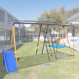 Mersco 6 in 1 Metal Swing Sets for Backyard, Outdoor A-Frame Heavy-Duty Playground Sets for backyards with Slide, 2 Swing Seats, 1 Climbing Net & Ladder, 1 Gym Ring, 1 Basket
