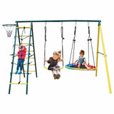 Mersco Swing Sets for Backyard, 4 in 1 Heavy Duty Extra Large Metal Swing Frame with 2 Tree Swing, Climbing Ladder, Net, Basketball Hoop, Ground Stake, Outdoor Playset Great Gift for Kids