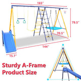 Mersco 6 in 1 Metal Swing Sets for Backyard, Outdoor A-Frame Heavy-Duty Playground Sets for backyards with Slide, 2 Swing Seats, 1 Climbing Net & Ladder, 1 Gym Ring, 1 Basket