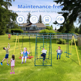 Mersco 6 in 1 Metal Swing Sets for Backyard, Outdoor A-Frame Heavy-Duty Playground Sets for backyards with Slide, 2 Swing Seats, 1 Climbing Net & Ladder, 1 Gym Ring, 1 Basket