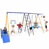 Mersco 6 in 1 Metal Swing Sets for Backyard, Outdoor A-Frame Heavy-Duty Playground Sets for backyards with Slide, 2 Swing Seats, 1 Climbing Net & Ladder, 1 Gym Ring, 1 Basket