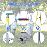Mersco Swing Sets for Backyard, 4 in 1 Heavy Duty Extra Large Metal Swing Frame with 2 Tree Swing, Climbing Ladder, Net, Basketball Hoop, Ground Stake, Outdoor Playset Great Gift for Kids