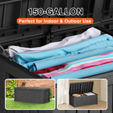 CIRUI 150 Gallon Outdoor Wicker Deck Box with Wheels Lockable Lid,Extra Large All-Weather Rattan Home Storage Box for Patio Furniture,Cushions,Pool and Garden Tools Storage - Gray
