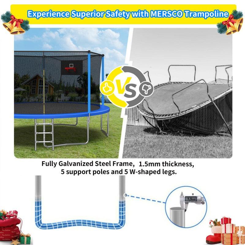 14FT Blue Soft Backboard Sport Trampoline for Family with Safety Net&Ladder - MERSCO SPORTS